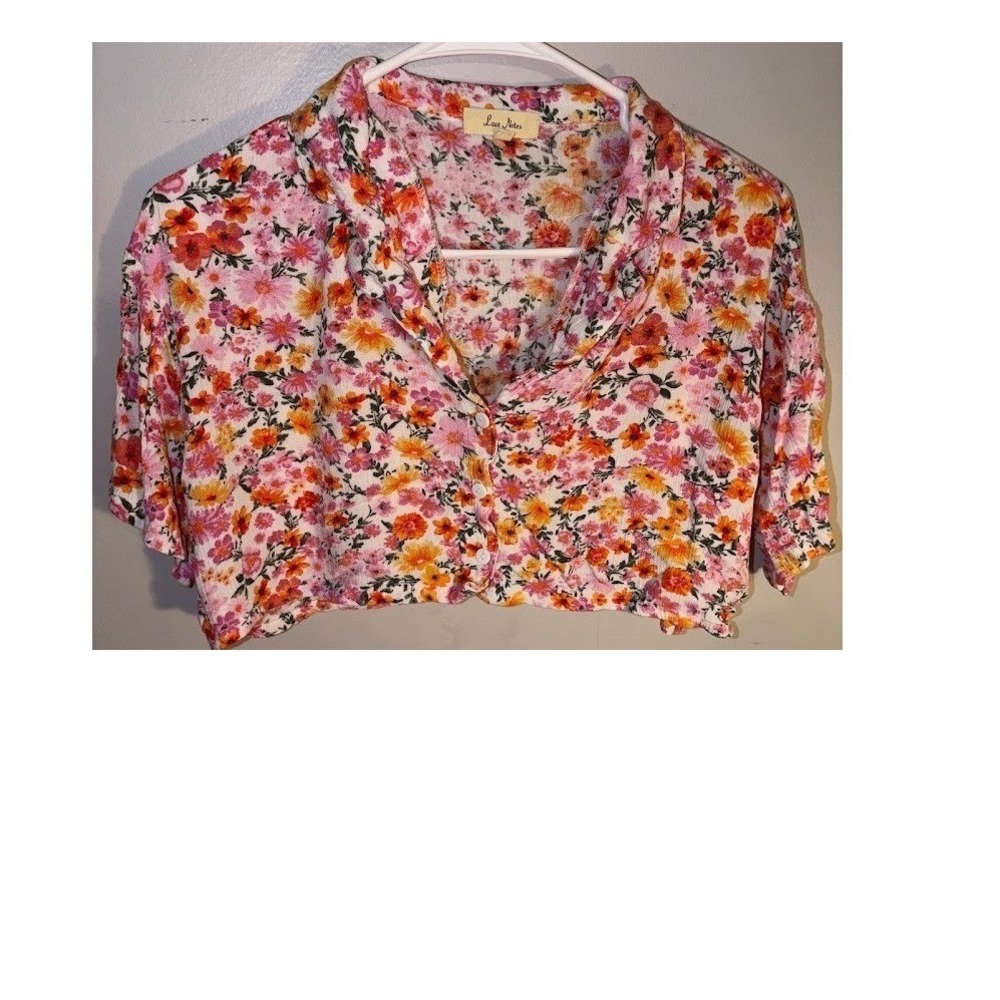 Love Notes Pink Orange Floral Crop Top Button Down Short Sleeve Blouse Womens M